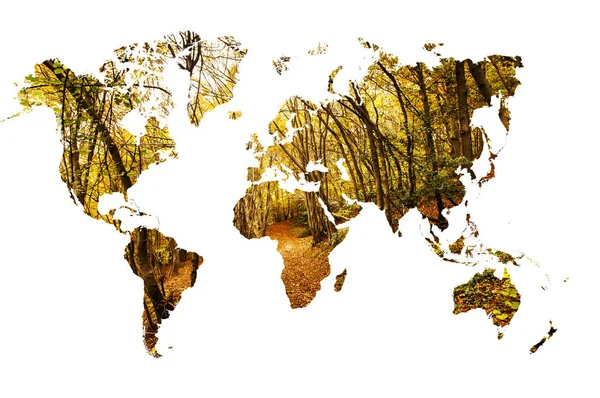 Dupla expozíció világtérkép és őszi táj — Stock Fotó