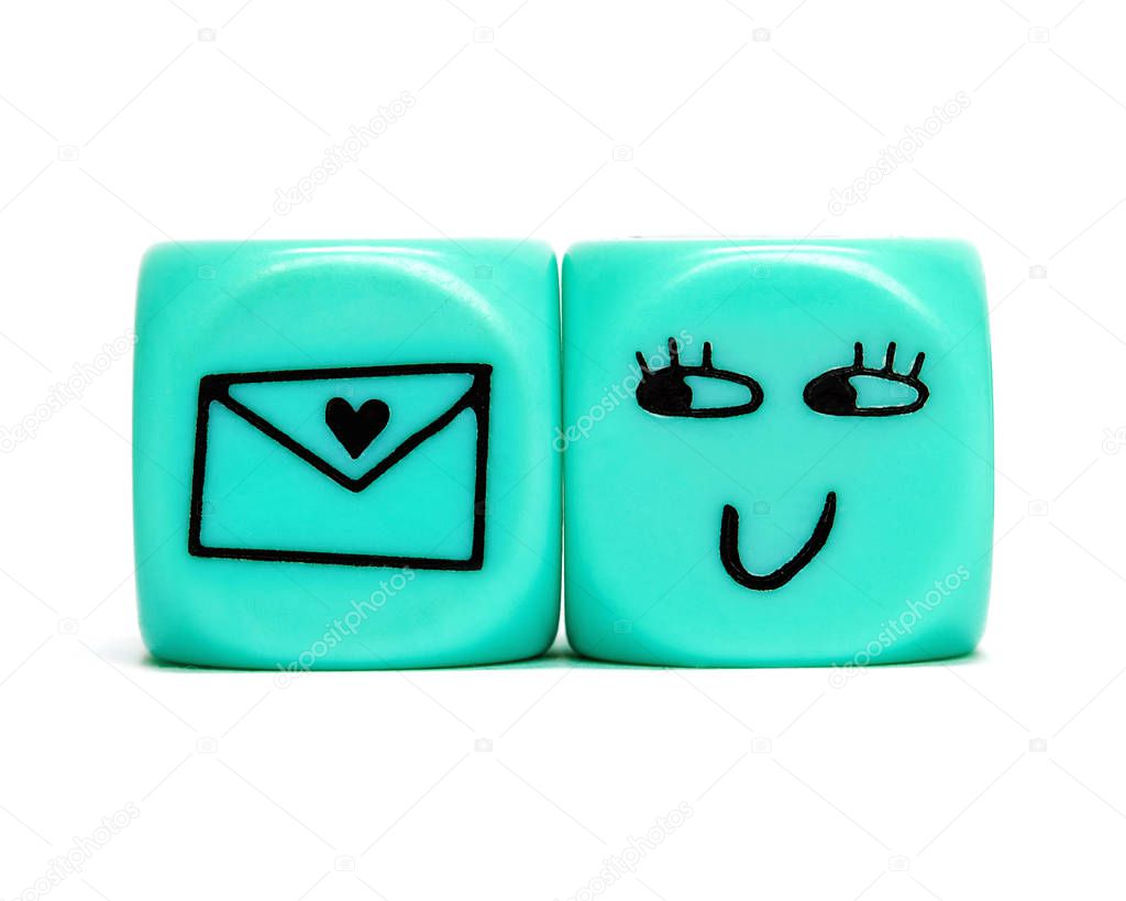 Turquoise conceptual dices - Woman excited about love letter