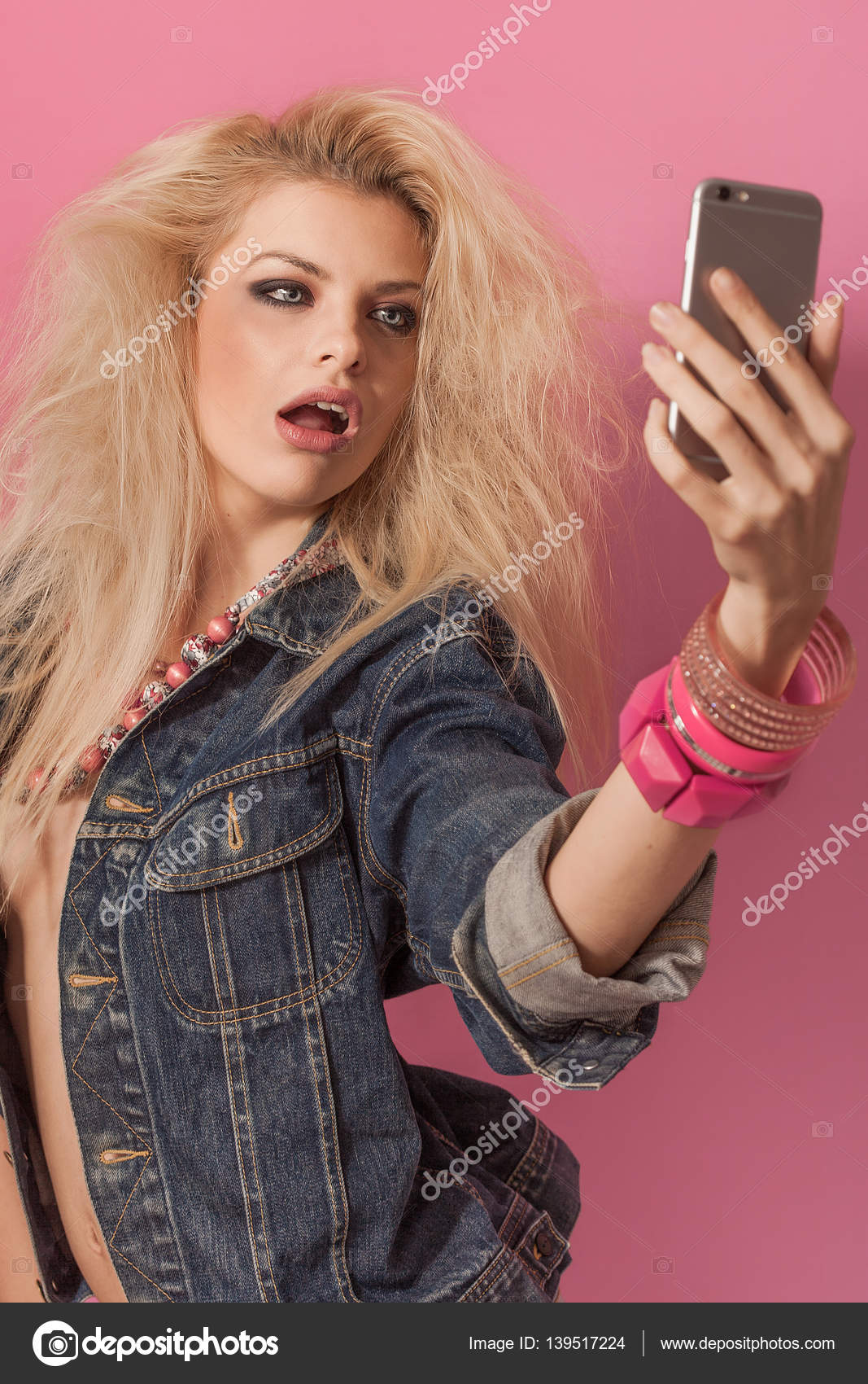 Blonde Barbie Pop Girl Portrait Taking Selfie With Smartphone