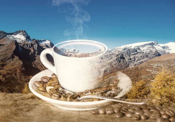 Double exposure of cup of coffee and beautiful autumnal mountainscape