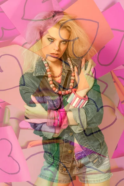 Double exposure of pop girl portrait and valentine sticky notes — Stock Photo, Image