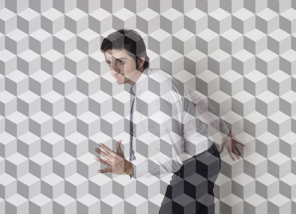 Double exposure of businessman portrait running and geometrical pattern — Stock Photo, Image