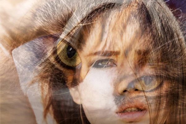 Double exposure of gorgeous girl portrait looking and cat eyes — Stock Photo, Image