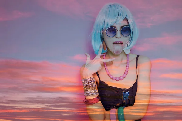 Double exposure of odd pop girl portrait and sunset cloudscape — Stock Photo, Image