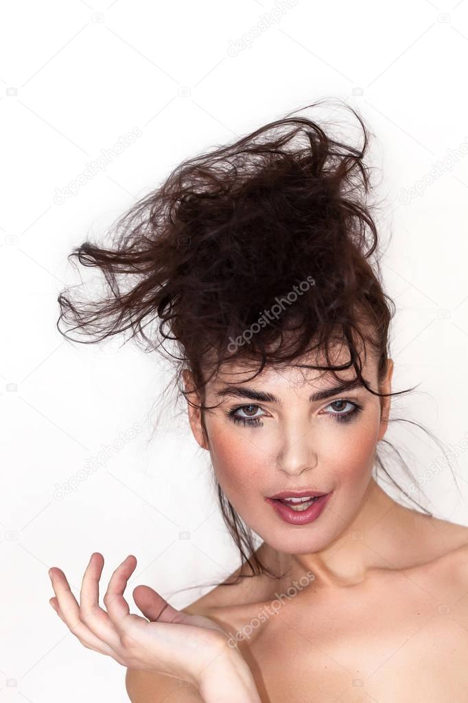 Woman portrait with messy hair and smudged makeup