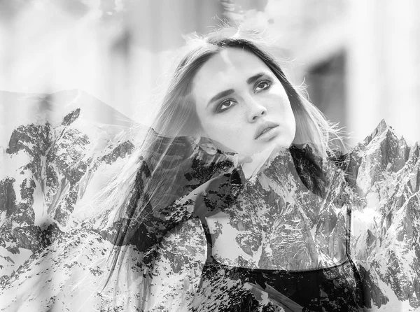 Monochrome double exposure of beautiful girl portrait and snowy mountains — Stock Photo, Image