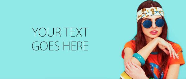 Beautiful hippie girl portrait smoking and wearing sunglasses, card