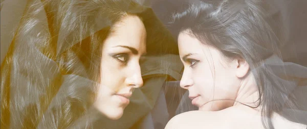 Double exposure of girls looking at each other and cloth letterbox — Stock Photo, Image