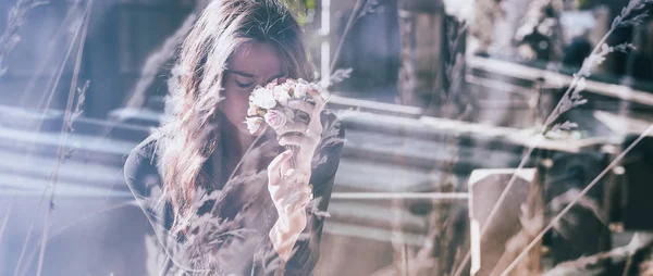 Double exposure of woman in grief and field letterbox — Stock Photo, Image