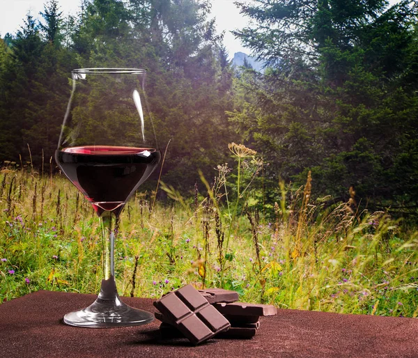 Ποτήρι κόκκινου κρασιού τύπου με σοκολάτα και όμορφο βουνό λουλούδια το καλοκαίρι — Φωτογραφία Αρχείου