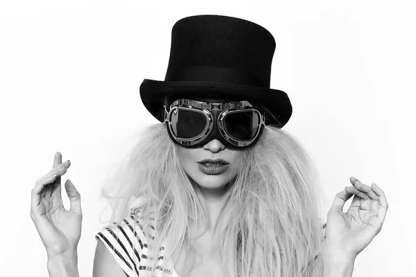 Blonde girl monochrome portrait wearing strange sunglasses and black hat — Stock Photo, Image