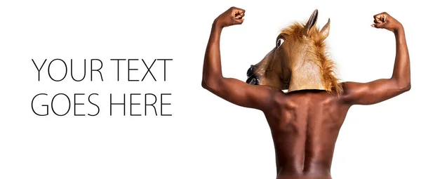 African woman portrait wearing horse head and showing muscles, card — Stock Photo, Image