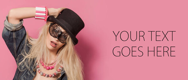 Beautiful pop girl wearing hat and butterfly plastic glasses, card