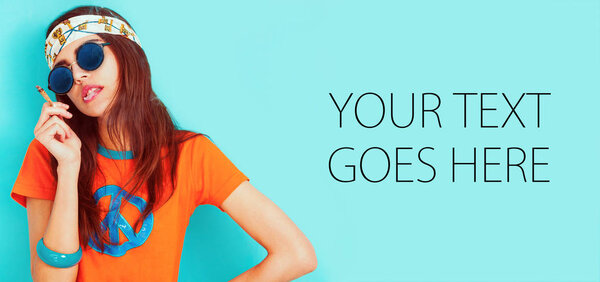 Hippie girl smoking and wearing sunglasses, card