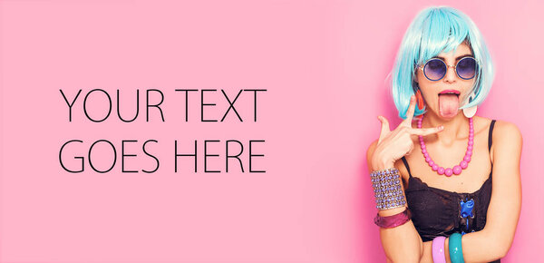 Weird and funny pop girl portrait with stuck-out tongue, card