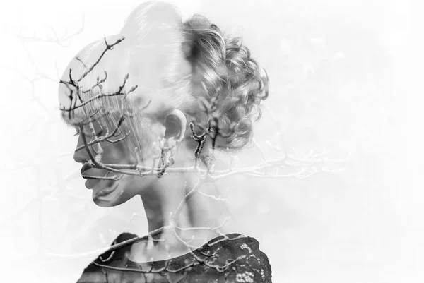 Monochrome double exposure of woman with gorgeous hairdo and autumn branches — Stock Photo, Image