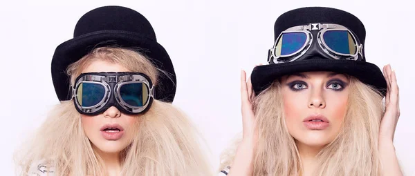 Гарненька блондинка портрети в дивних сонцезахисних окулярах і чорному капелюсі, буклет — стокове фото