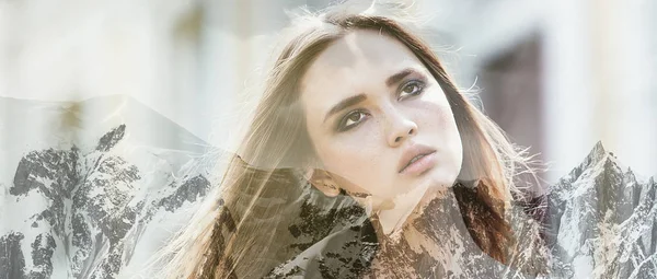 Double exposure of beautiful girl portrait and snowy mountains, letterbox — Stock Photo, Image