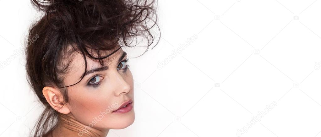 Pretty woman portrait with messy hair and smudged makeup, letterbox