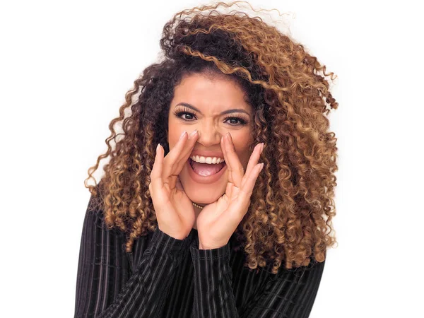 Beautiful woman portrait with gorgeous curly hair shouting — Stock Photo, Image