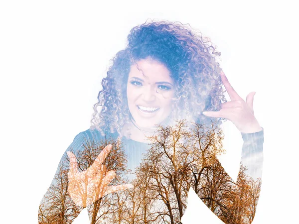 Double exposure of beautiful rocker woman portrait and autumn trees — Stock Photo, Image