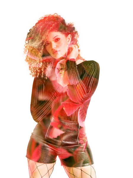 美丽的女人肖像和红叶双曝光 — 图库照片