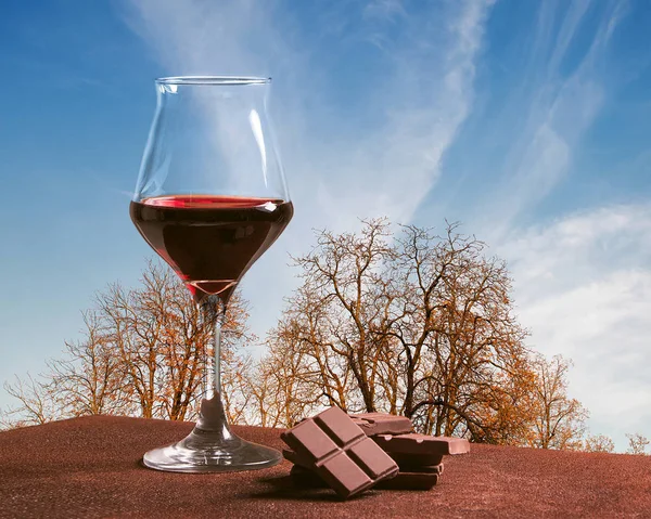 Bicchiere da vino rosso con rami di cioccolato e albero autunnale con cielo blu — Foto Stock