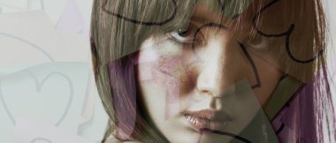 Güzel kız portre ve Sevgililer yapışkan notlar, mektup çift pozlama