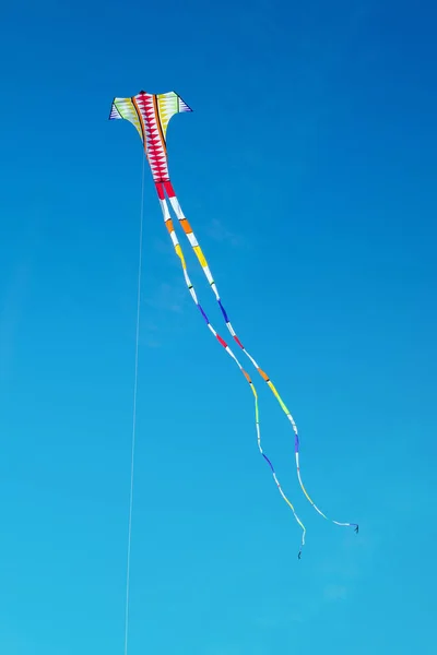 Bunte Drachen fliegen in blauem Himmel — Stockfoto