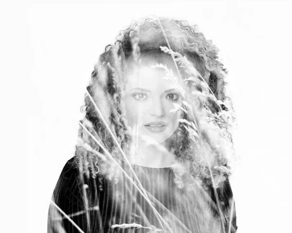 Double exposure of beautiful woman portrait and field, black and white — Stock Photo, Image