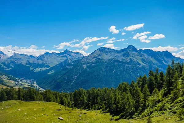 Güzel orman, mountainscape ve mavi bulutlu gökyüzü sahne