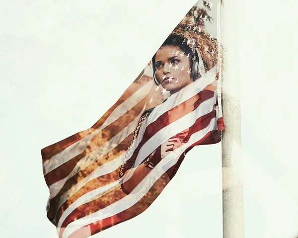 美しいジョガー肖像画やアメリカ合衆国の旗の二重露光 — ストック写真