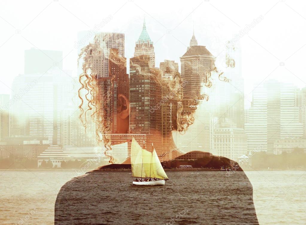 Double exposure of beautiful and elegant woman back portrait and city skyline