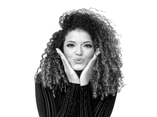 Lovely woman portrait with gorgeous curly hair giving a kiss, monochrome — Stock Photo, Image