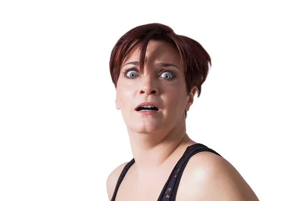 Beautiful and funny woman portrait being horrified, isolated on white — Stock Photo, Image