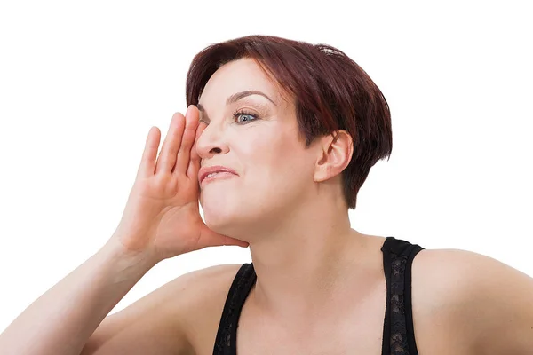 Beautiful woman portrait with short red hair mocking somebody while gesturing — Stock Photo, Image