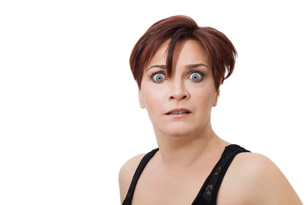 Drôle de portrait de femme étant horrifié avec des globes oculaires hors de leurs prises — Photo