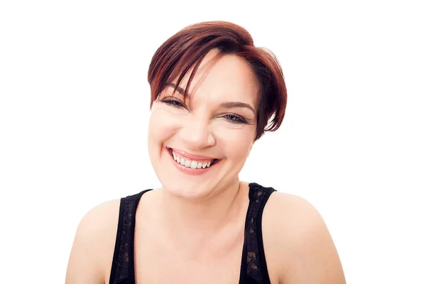 Retrato de mulher agradável sorrindo amplamente — Fotografia de Stock