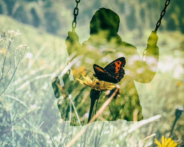 Double exposure of kid on swing and beautiful butterfly on dandelion flower — Stock Photo, Image