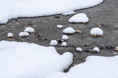 Hızlı dağ nehri ve donmuş adacıklar