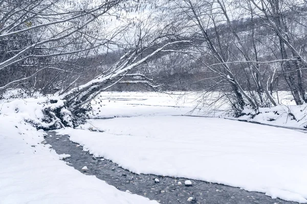 Rivière de montagne en hiver, couverte de neige — Photo