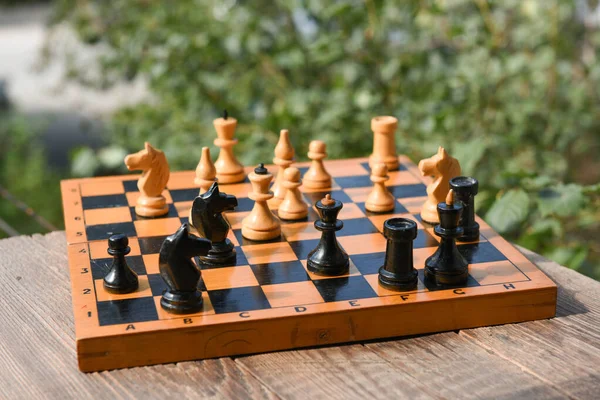 Vintage Échiquier Bois Figures Sur Table Dans Jardin — Photo