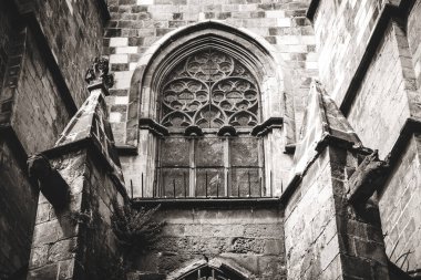 Siyah beyaz bir metropoliten gotik katedralin arka yüzü.