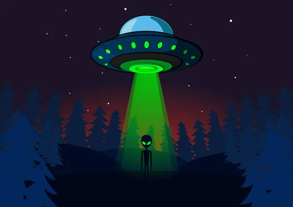 Alien-Invasion auf der Erde. Ufo bei Nacht. Zeichentrickvektorillustration — Stockvektor