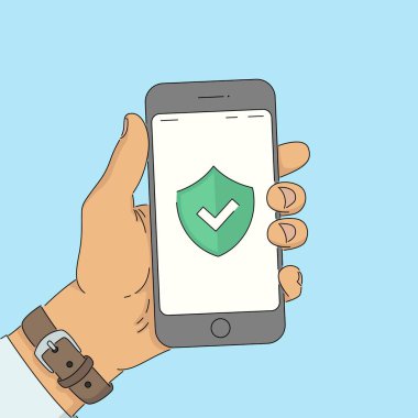 Green Shield akıllı telefon ekranında. Eller ekranda yeşil kalkanlı ve beyaz işaretli akıllı telefonu tutuyor. Pop sanat vektörü illüstrasyonu