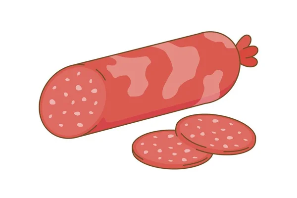 Sosis Salami dengan dua irisan. Ilustrasi vektor kartun. Dapat digunakan untuk stiker atau aplikasi web. Gambar gaya datar diisolasi pada latar belakang putih . - Stok Vektor