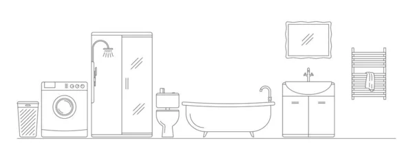 浴室家具的矢量细线图解.内部因素。采购产品淋浴器,洗衣机,浴缸,镜子,水池,马桶和毛巾架.白色上隔离的扁平线条风格. — 图库矢量图片