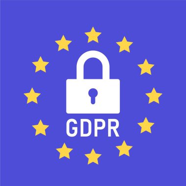 Gdpr, Genel Veri Koruma Yönetmeliği. Mavi arka planda beyaz kilit, Eu bayrağı ve Gdpr yazıtlarından sarı yıldızlar. Vektör illüstrasyonu.