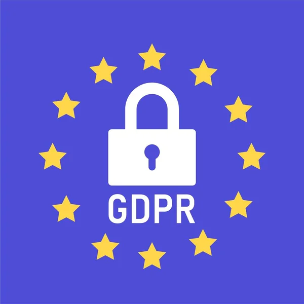 Gdpr, Algemene Verordening Gegevensbescherming concept. Wit slot op blauwe achtergrond met gele sterren uit de Europese vlag en Gdpr inscriptie. Vectorillustratie. — Stockvector