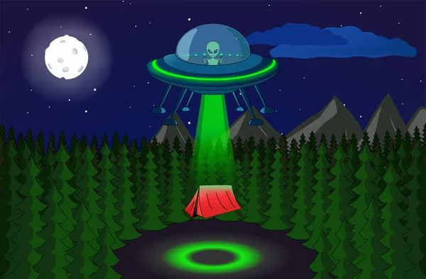 Ufo unáší člověka v lese. Vesmírná loď Ufo paprsek světla na noční obloze. Vektorová ilustrace — Stockový vektor